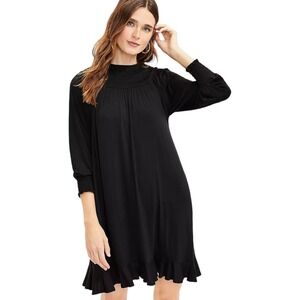 Loft Dress Smocked Flounce Size S Long Sleeve Round neck Black Round Neck new